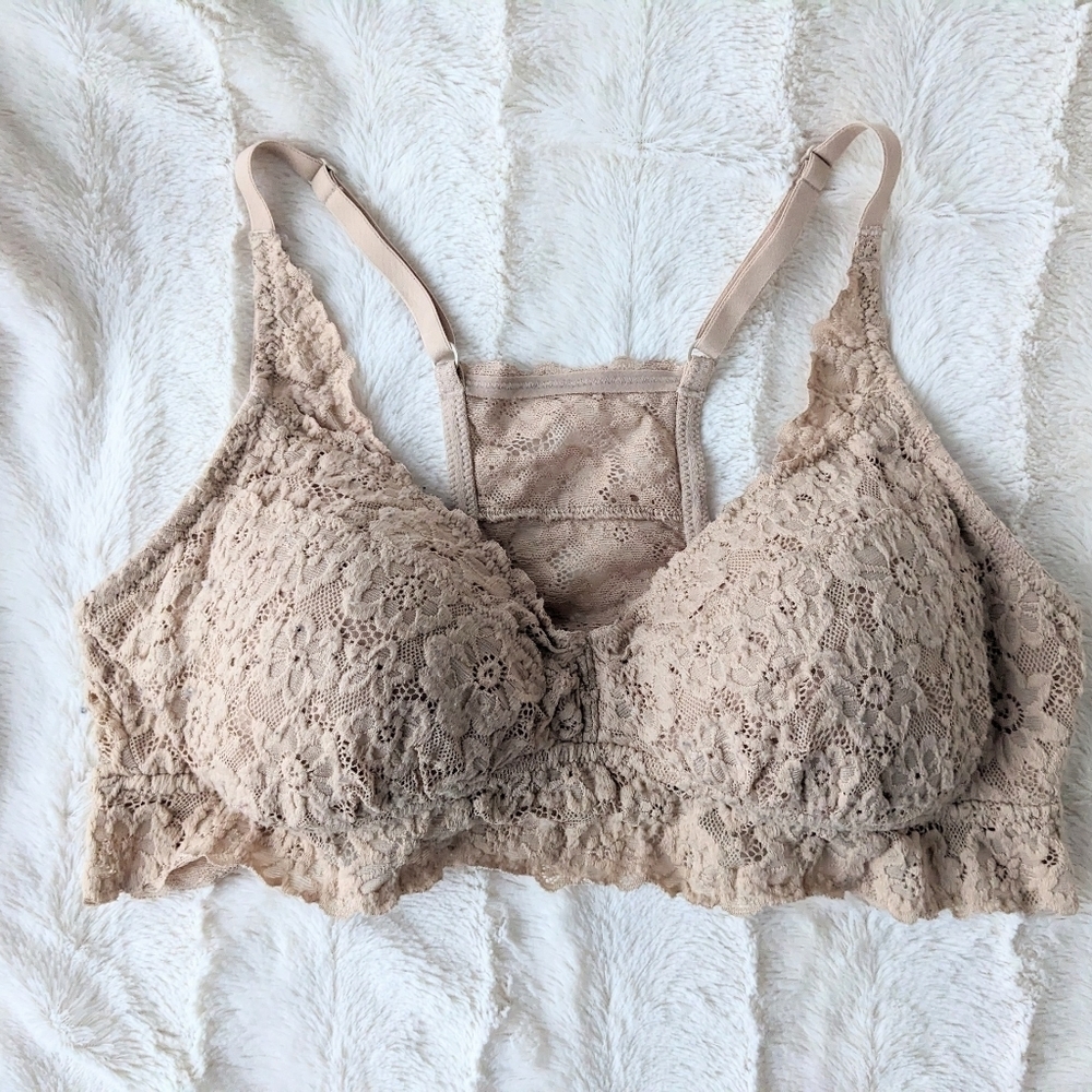 Aerie floral lace bra bralette nude beige Large